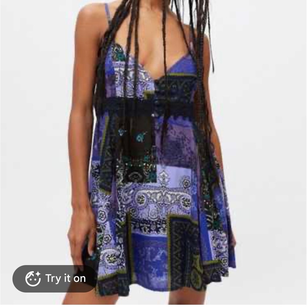 Urban Outfitters Azalea Mini Dress Womens XS Blue Good Patchwork Boho Lace Trim